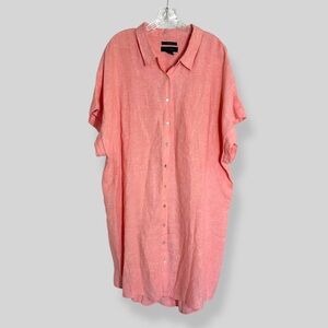 Tahari Size 2X Short Sleeve Button Up Dress Coral 100% Linen Lagenlook Casual